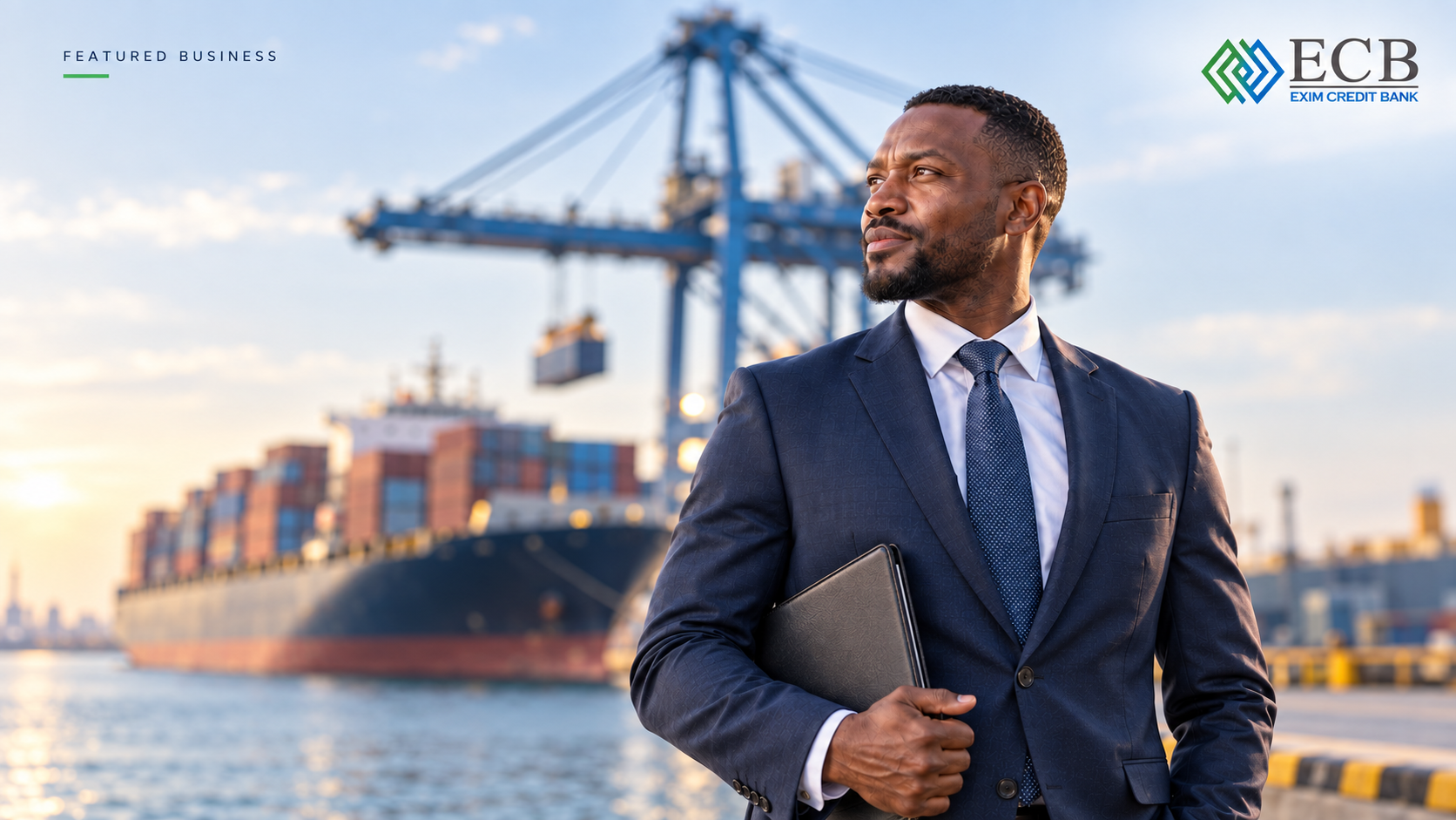 Exim Credit Bank Don't Miss the Opportunity campaign featuring a cargo ship and trade-finance solutions