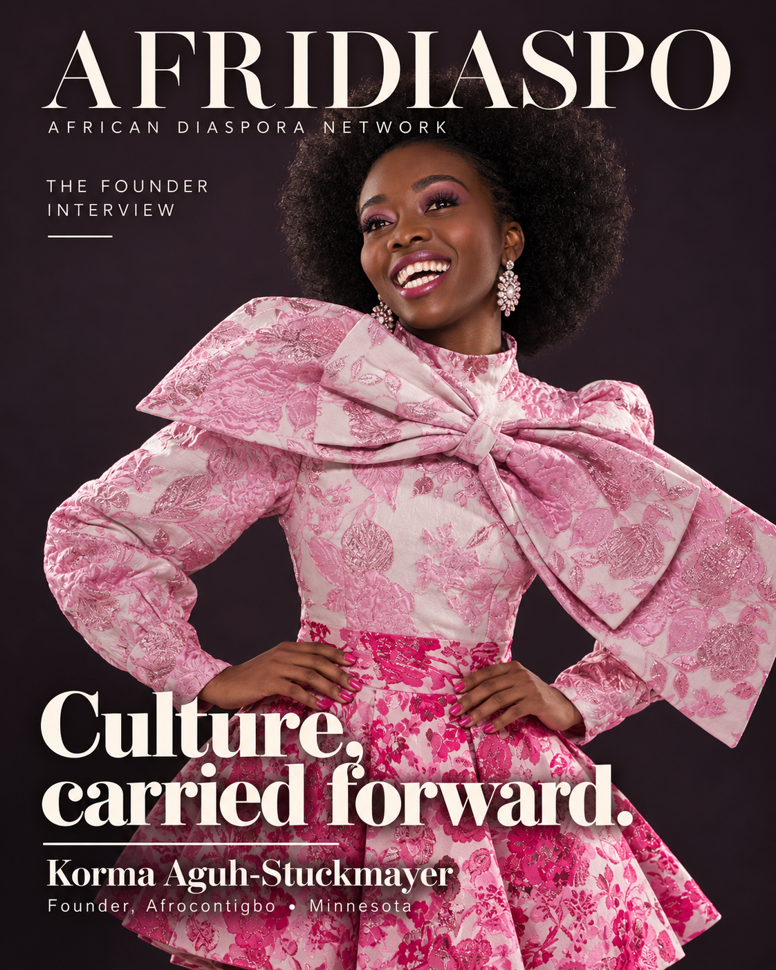 Editorial illustration of Korma Aguh-Stuckmayer in a pink floral jacquard dress, with natural textured hair, against a studio background.