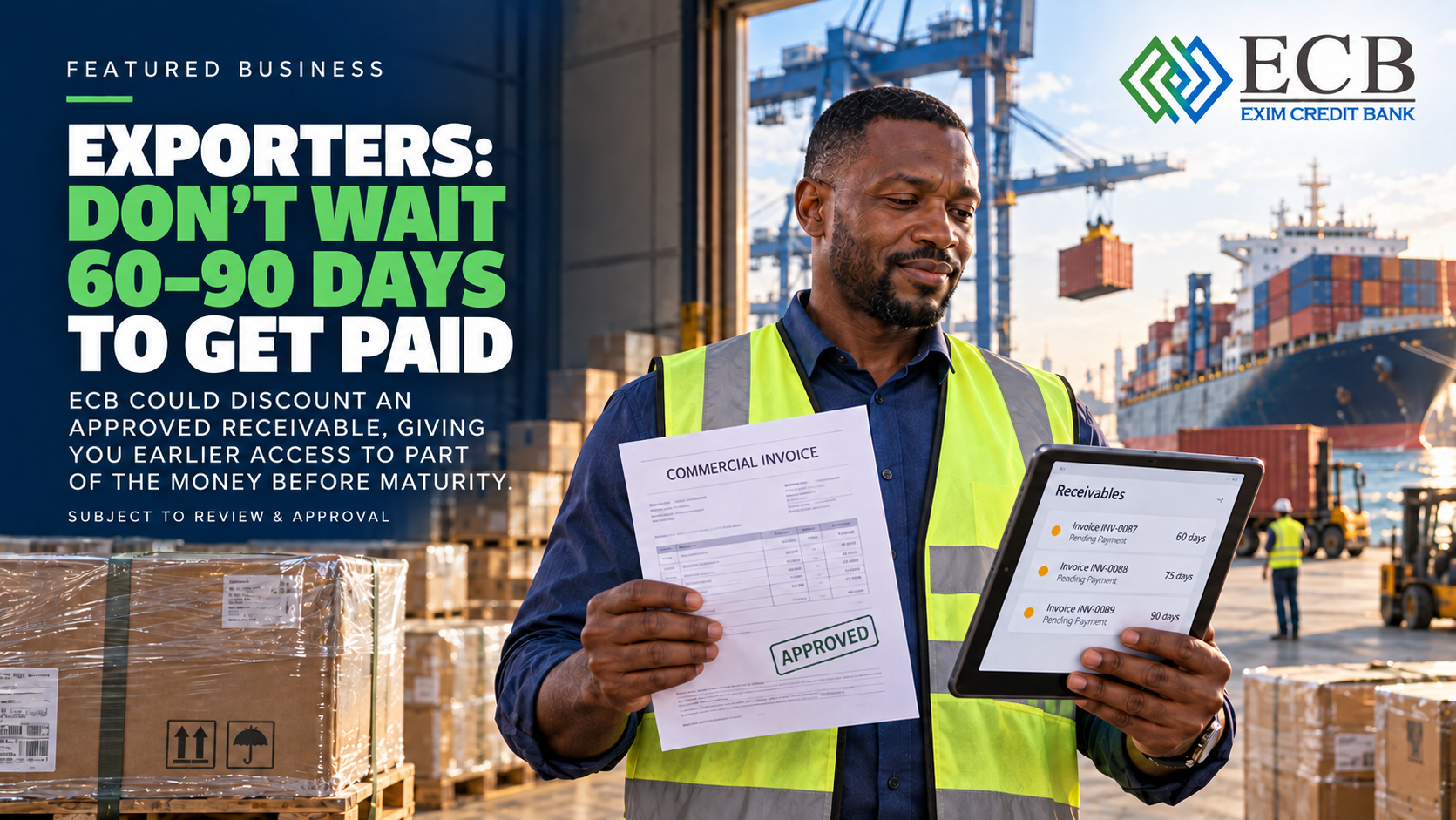 As an exporter, you may not have to wait 60–90 days for buyers to pay. ECB could discount an approved receivable, giving you earlier access to part of the money before maturity.