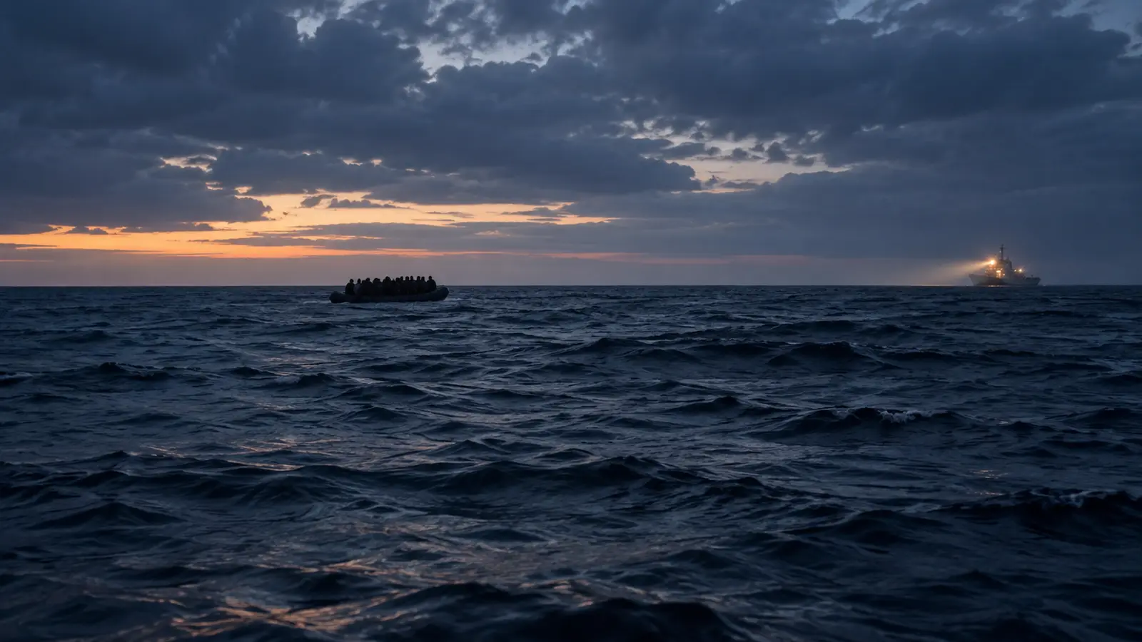 A distant overcrowded migrant boat on the Mediterranean at dawn as a rescue vessel approaches, an editorial illustration