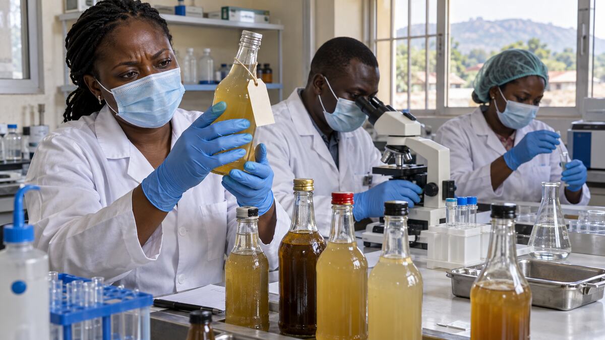 Representative editorial image of Nigerian public-health workers testing unbranded beverage samples in a laboratory