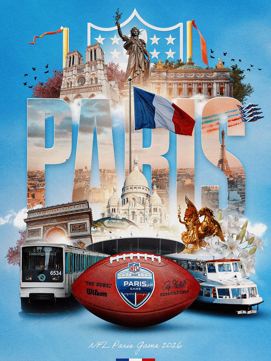 Official promotional artwork for the 2026 NFL Paris game featuring a football and Paris landmarks