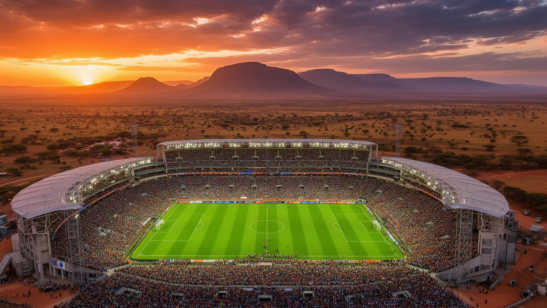 Floodlit football stadium representing the joint East African AFCON 2027 bid