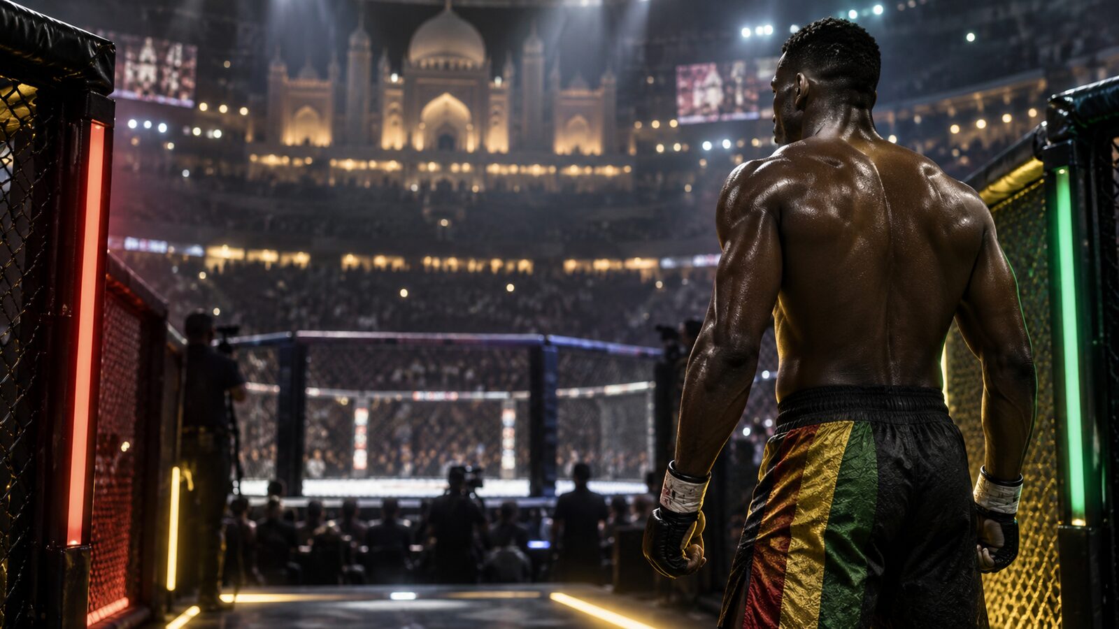 Original editorial illustration of a West African featherweight MMA fighter entering an octagonal cage under red, yellow and green arena lights.