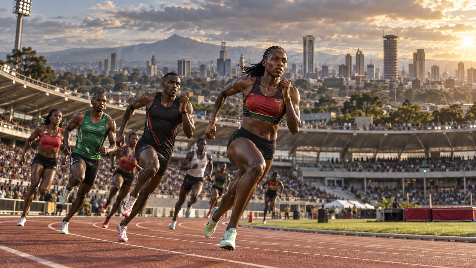 Original editorial illustration of fictional Black African runners racing in a Nairobi stadium beneath a late-afternoon skyline.