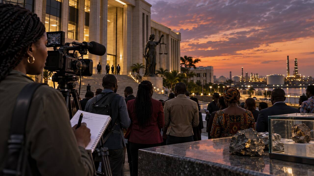 African journalists and citizens outside a courthouse at dusk with a camera, mineral samples and industrial lights symbolising accountability and strategic resources.