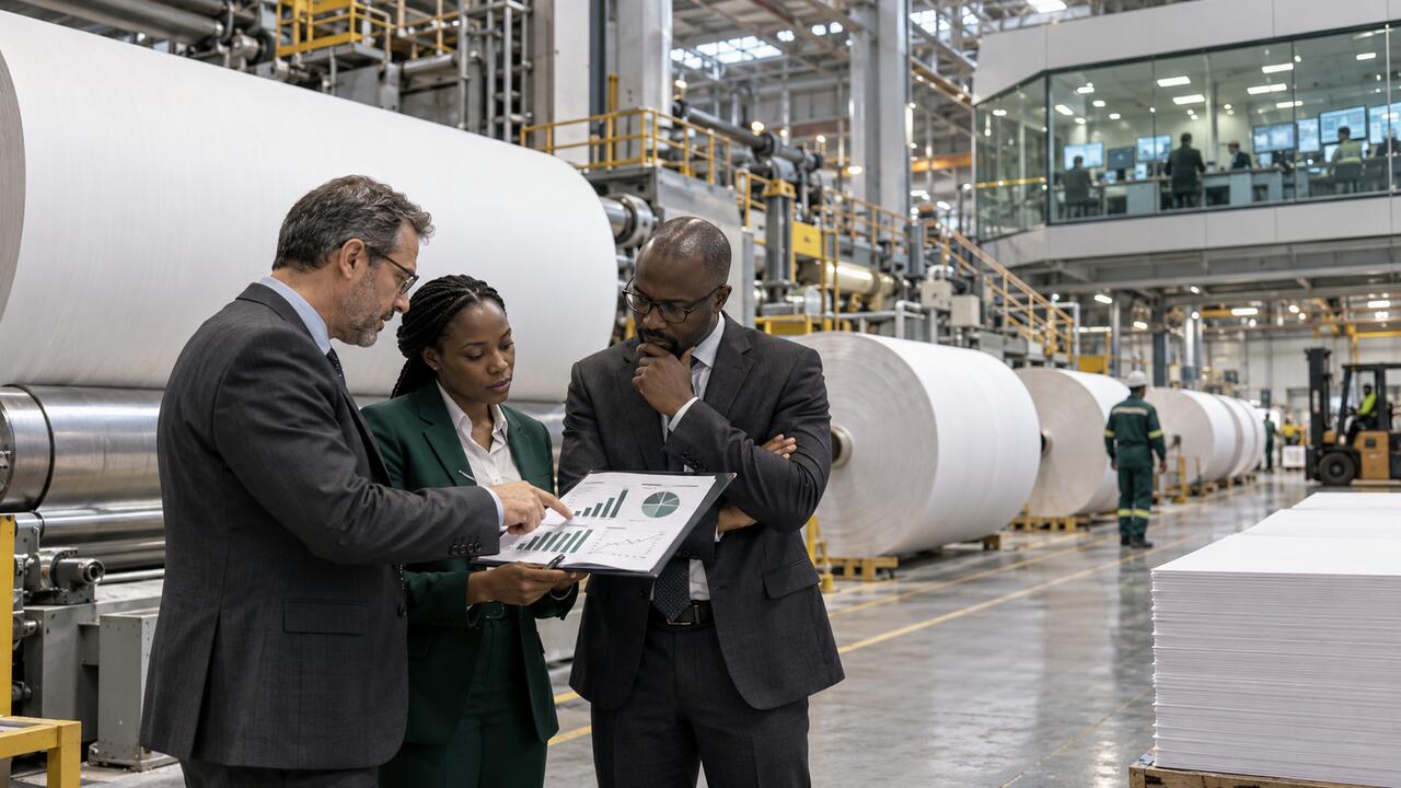 Business analysts reviewing competition charts inside a modern paper mill with large paper rolls and industrial machinery.