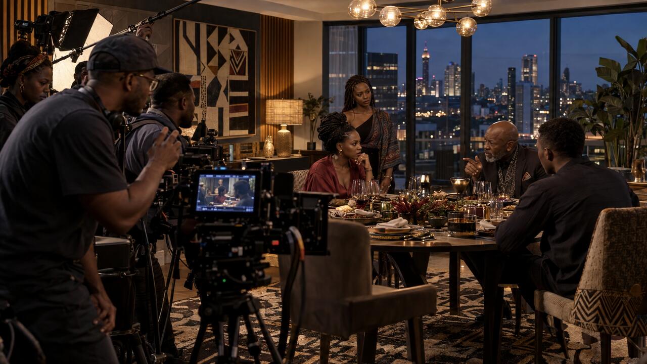 A fictional South African television crew filming a dramatic family dinner scene in a modern Johannesburg interior.