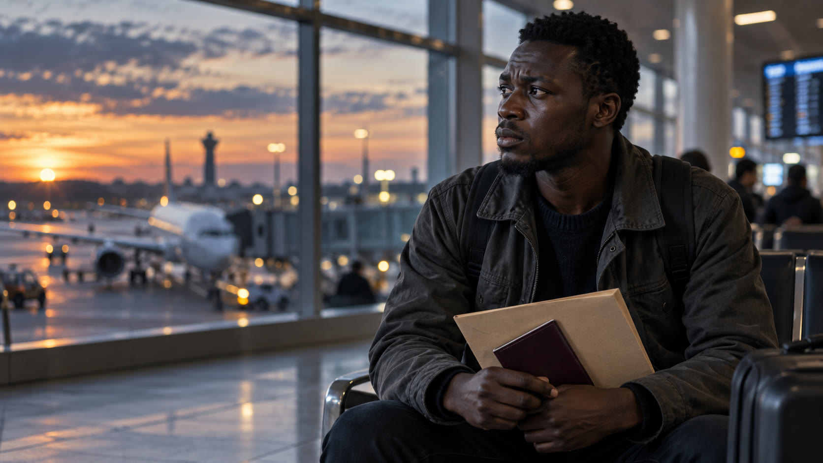 A fictional African traveler holding a passport and document folder while waiting inside an international airport.