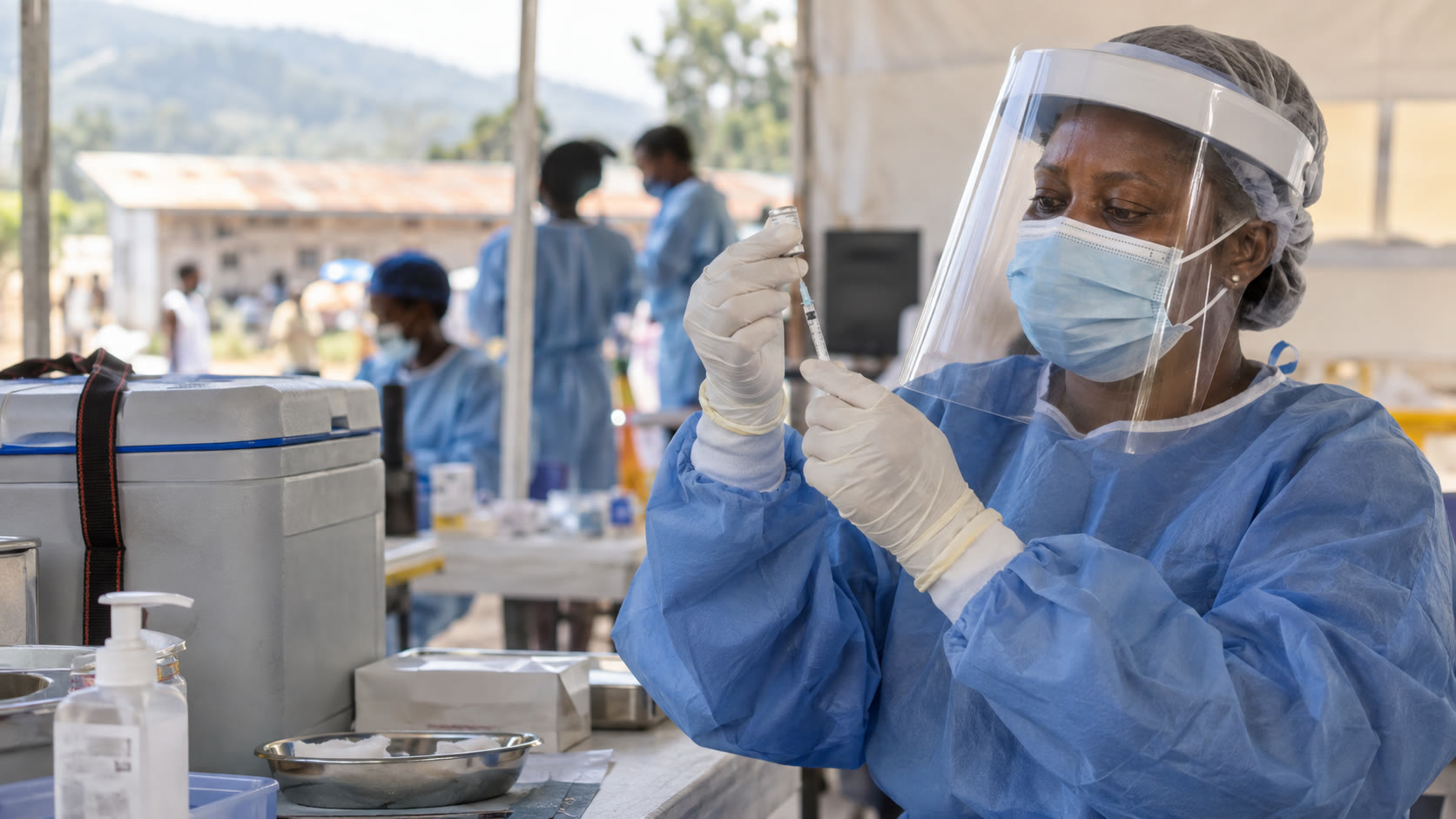 A fictional Congolese healthcare worker preparing a vaccine syringe inside a temporary vaccination clinic.