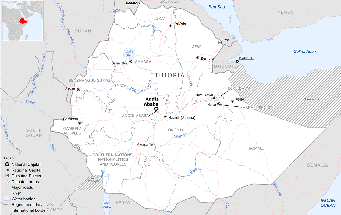 Reference map of Ethiopia showing regional boundaries, major settlements and neighbouring countries