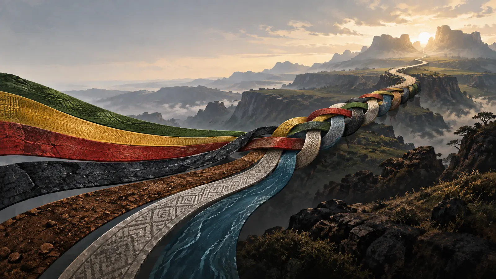 Editorial illustration of seven distinct paths braiding into one uneasy route across an Ethiopian highland landscape