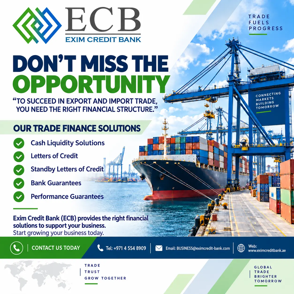 Exim Credit Bank Don't Miss the Opportunity campaign featuring a cargo ship and trade-finance solutions