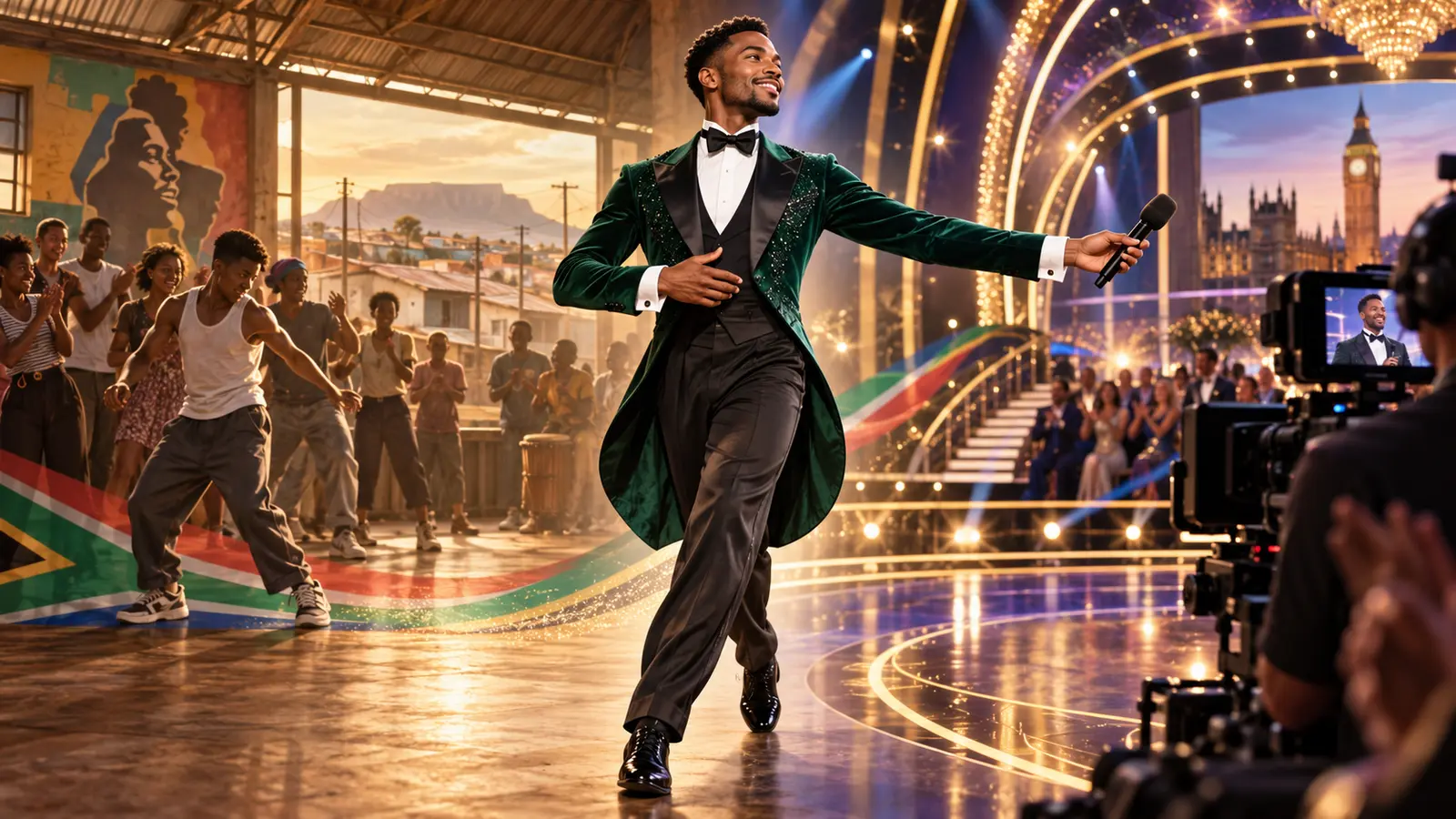 Editorial illustration tracing a South African dancer’s journey from a community dance hall to a British television ballroom