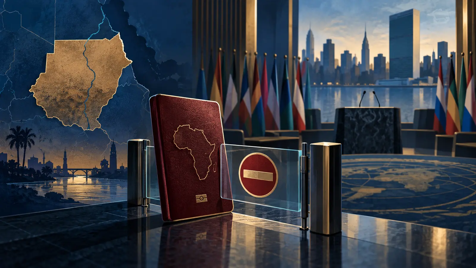 Editorial illustration showing a passport blocked at a checkpoint between a map of Sudan and an abstract United Nations setting