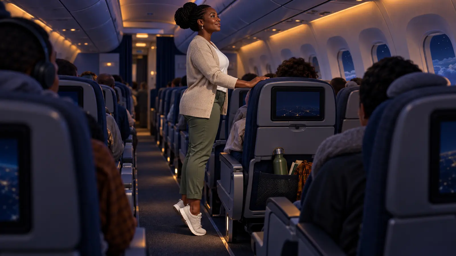 Editorial illustration of a Black African woman performing a gentle calf raise in the aisle during a long-haul flight