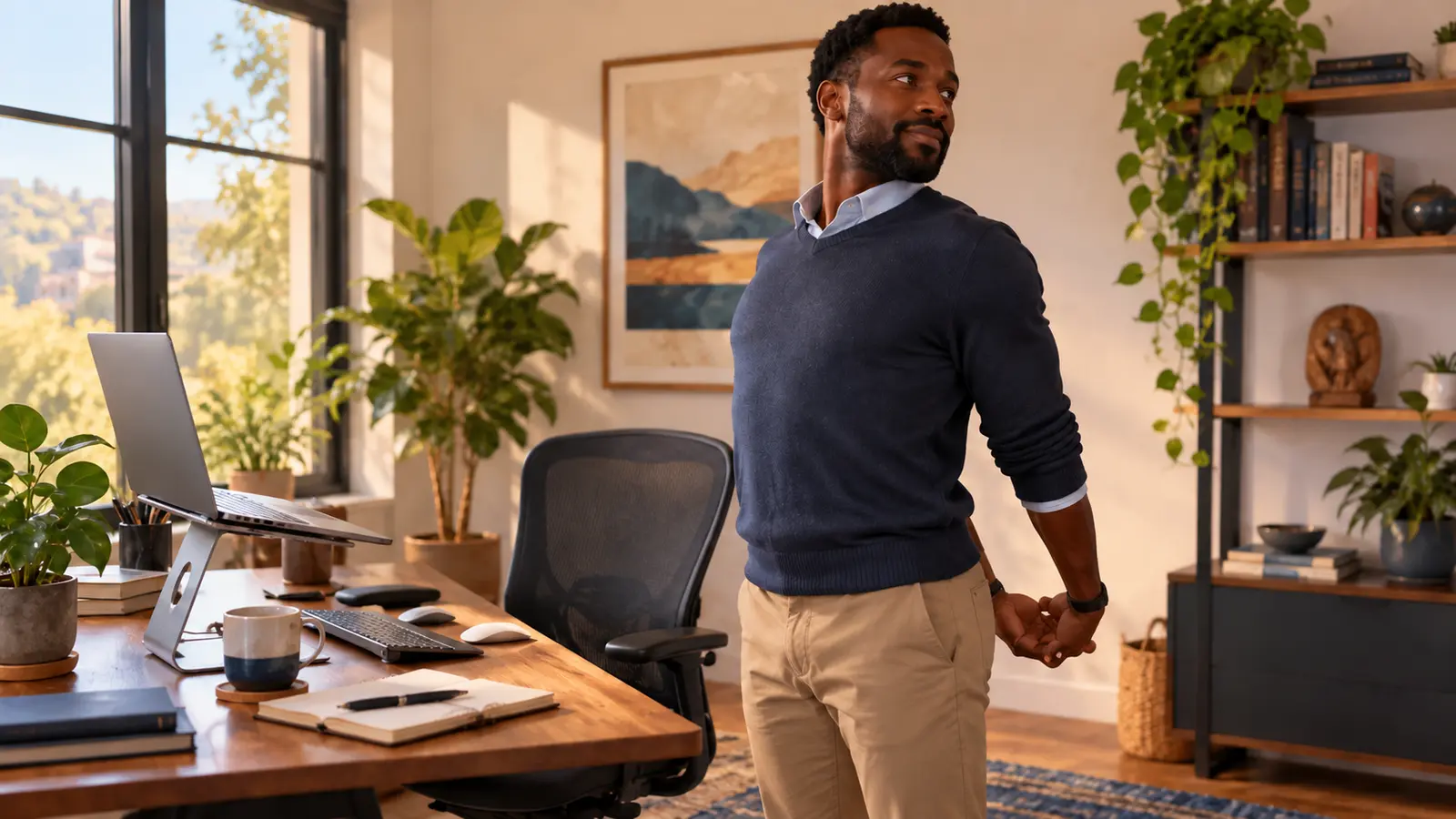 Editorial illustration of a Black African professional taking a gentle shoulder and neck movement break beside an ergonomic desk