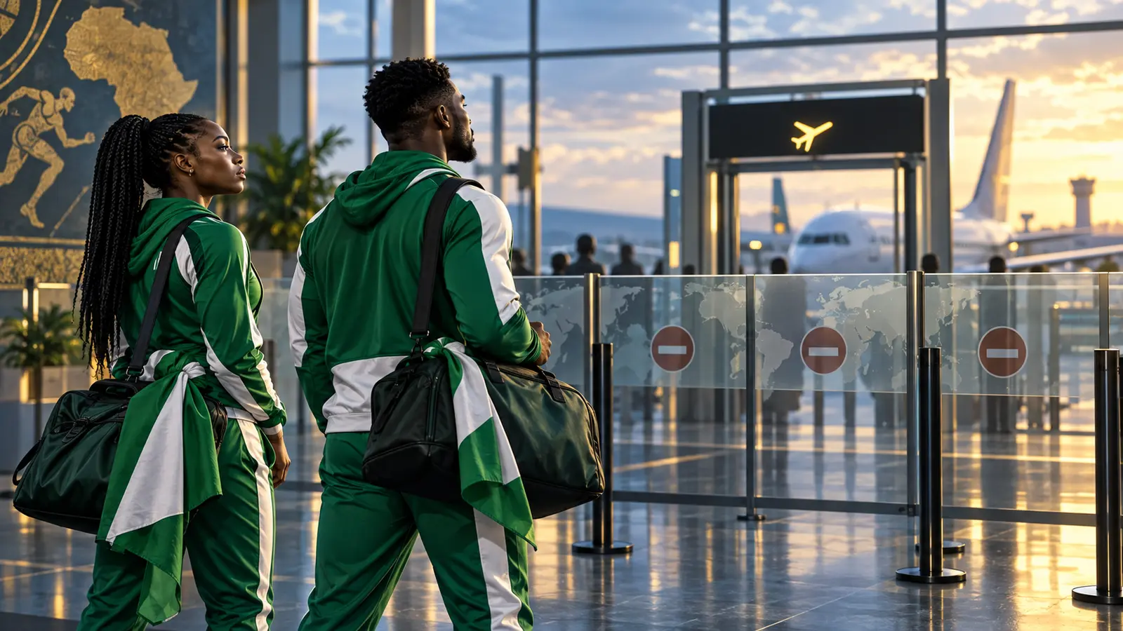 Conceptual editorial illustration of Nigerian flag-football athletes facing a symbolic airport barrier after a visa delay