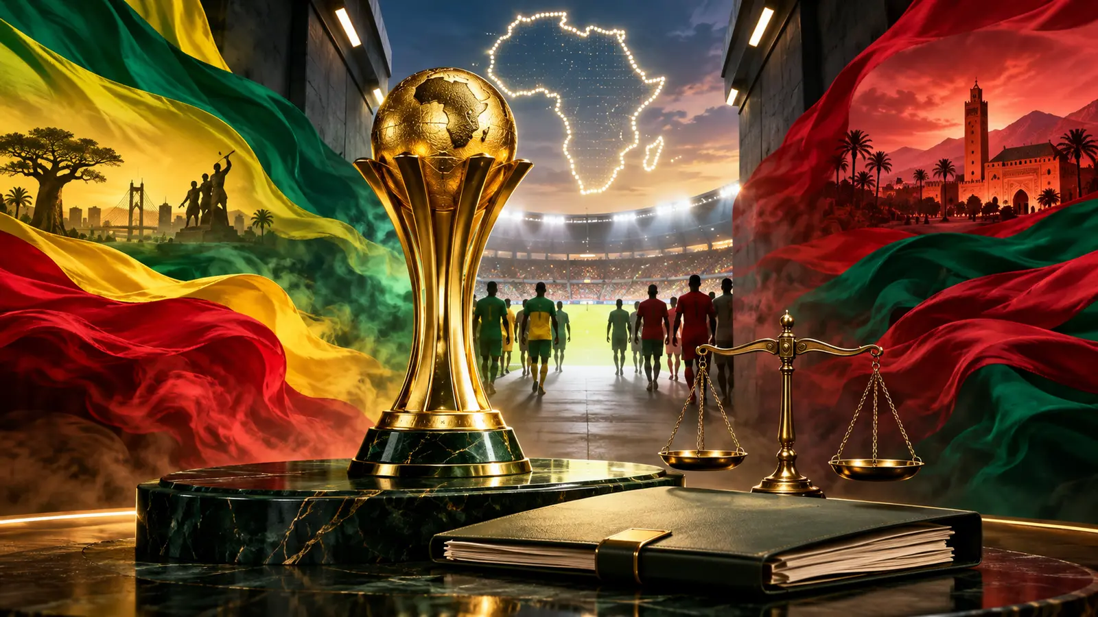 Conceptual illustration of an African football trophy between Senegal and Morocco colors beside arbitration scales as AFCON qualifiers begin