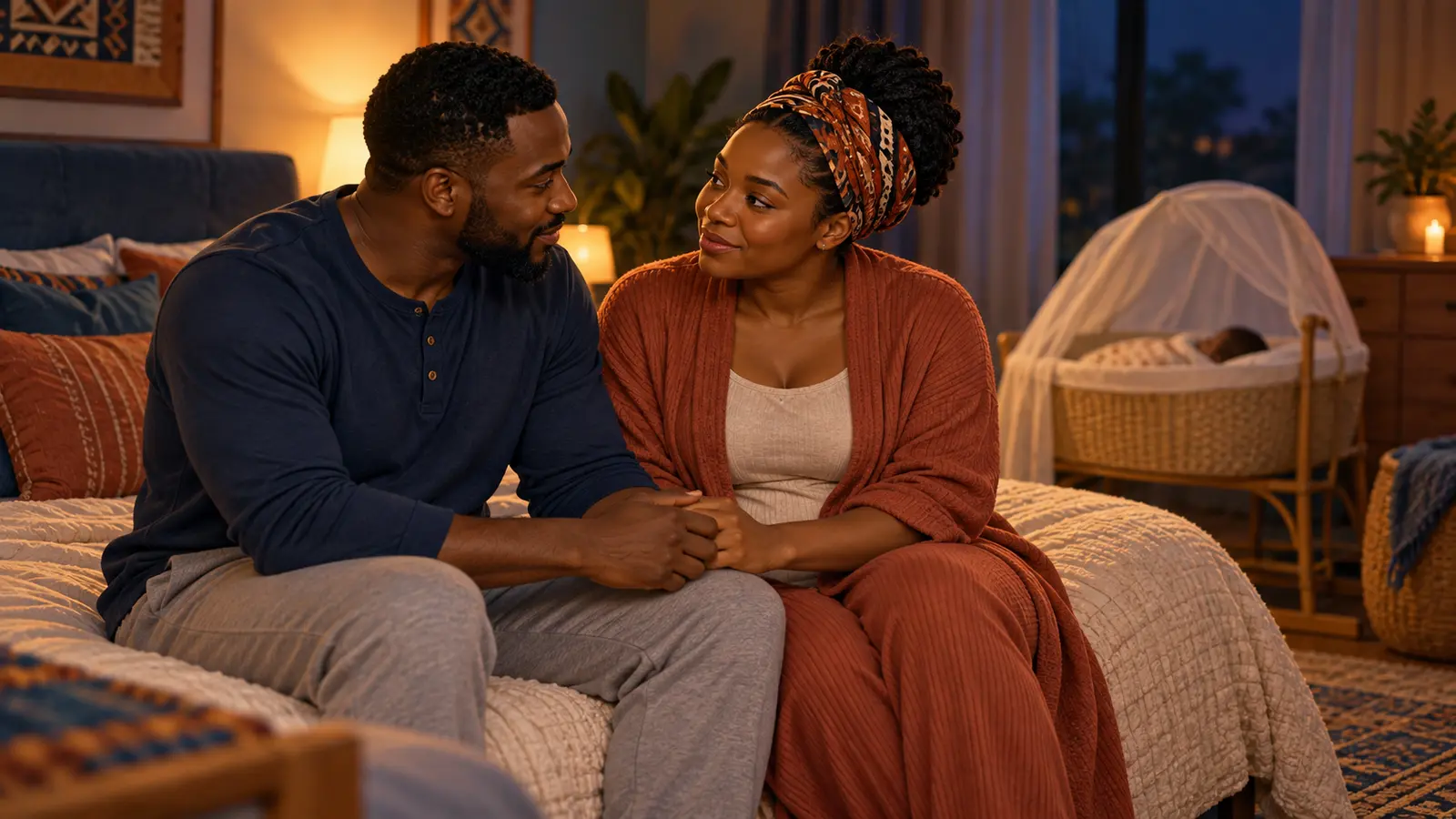 Conceptual illustration of a Black couple holding hands and talking gently beside their sleeping baby after childbirth