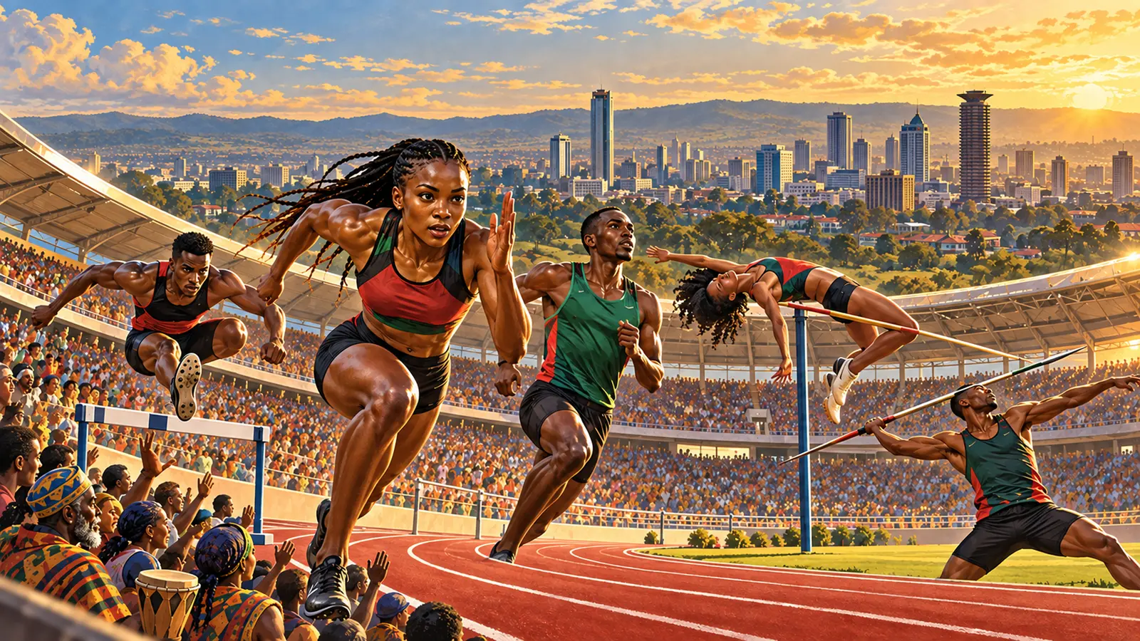 Editorial illustration of African track and field athletes competing in a packed Nairobi stadium with the city skyline beyond