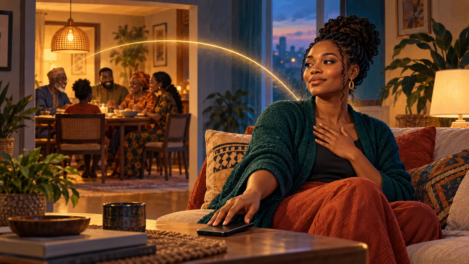 Conceptual editorial illustration of an African woman calmly placing her phone down while remaining warmly connected to family gathered nearby