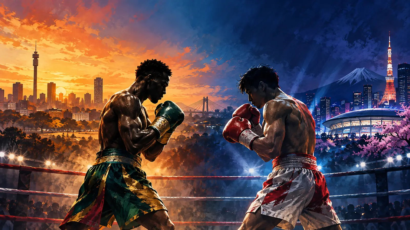 Editorial illustration of two anonymous boxers facing each other in a ring between Johannesburg and Tokyo skylines