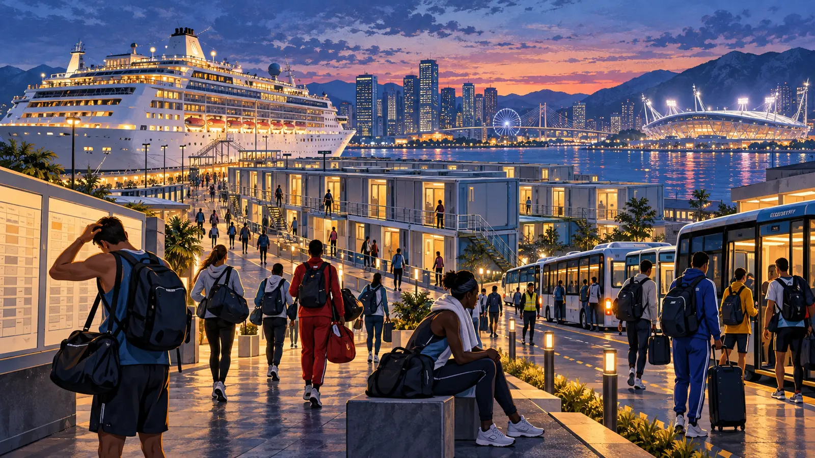 Conceptual illustration of athletes navigating modular cabins, shuttle buses and a cruise ship beside a waterfront stadium