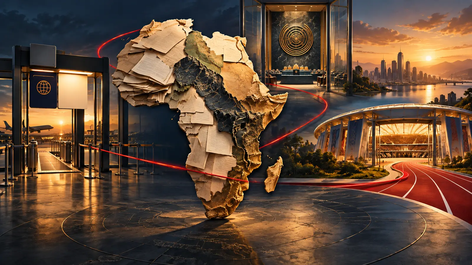 Conceptual illustration connecting Africa with an airport gateway, international assembly chamber and athletics stadium