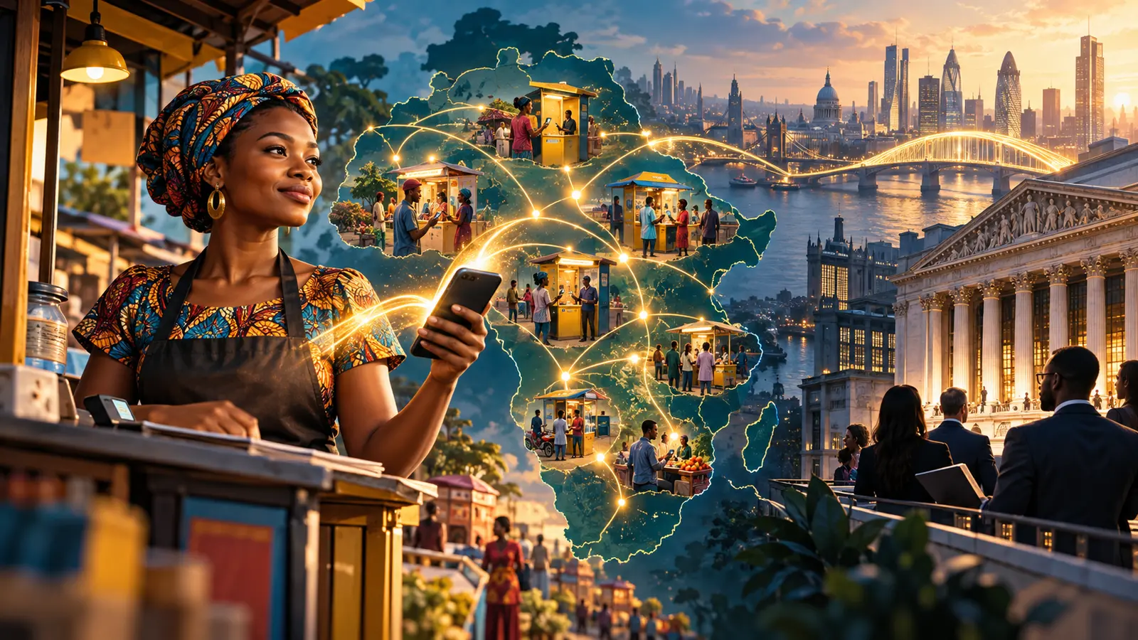 Conceptual illustration of an African entrepreneur connecting a mobile-money network to global capital markets in London