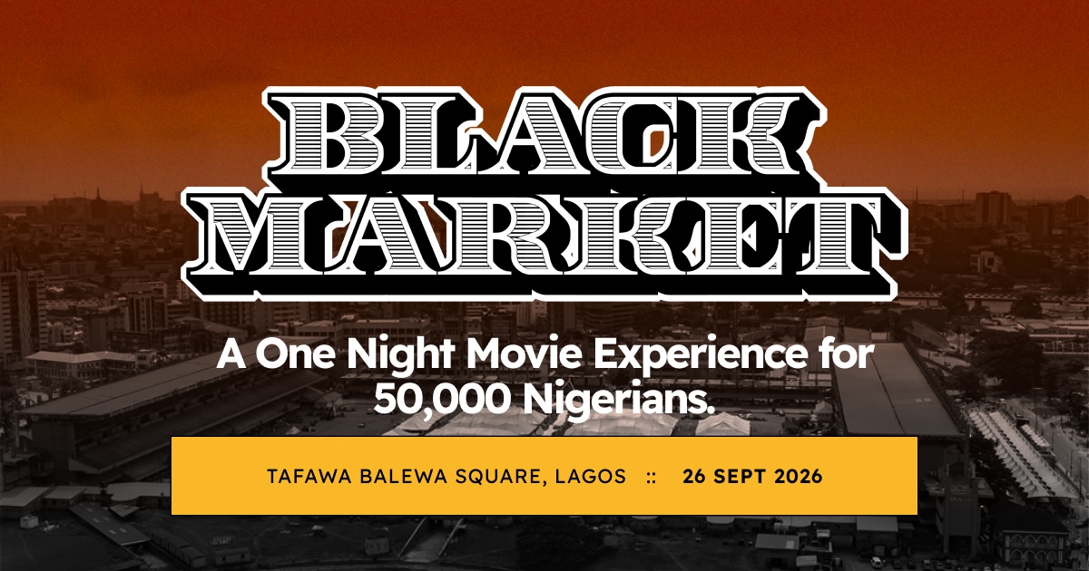 Conceptual illustration of a vast Nigerian audience watching an outdoor film premiere in Lagos