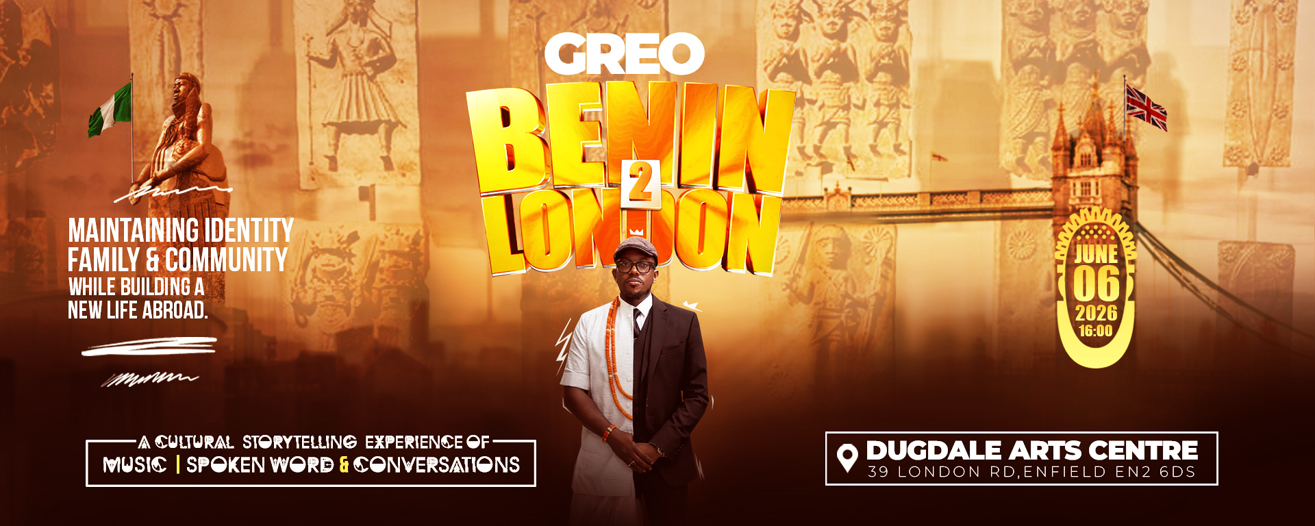 Benin 2 London cultural storytelling experience featuring Nigerian artist Greo
