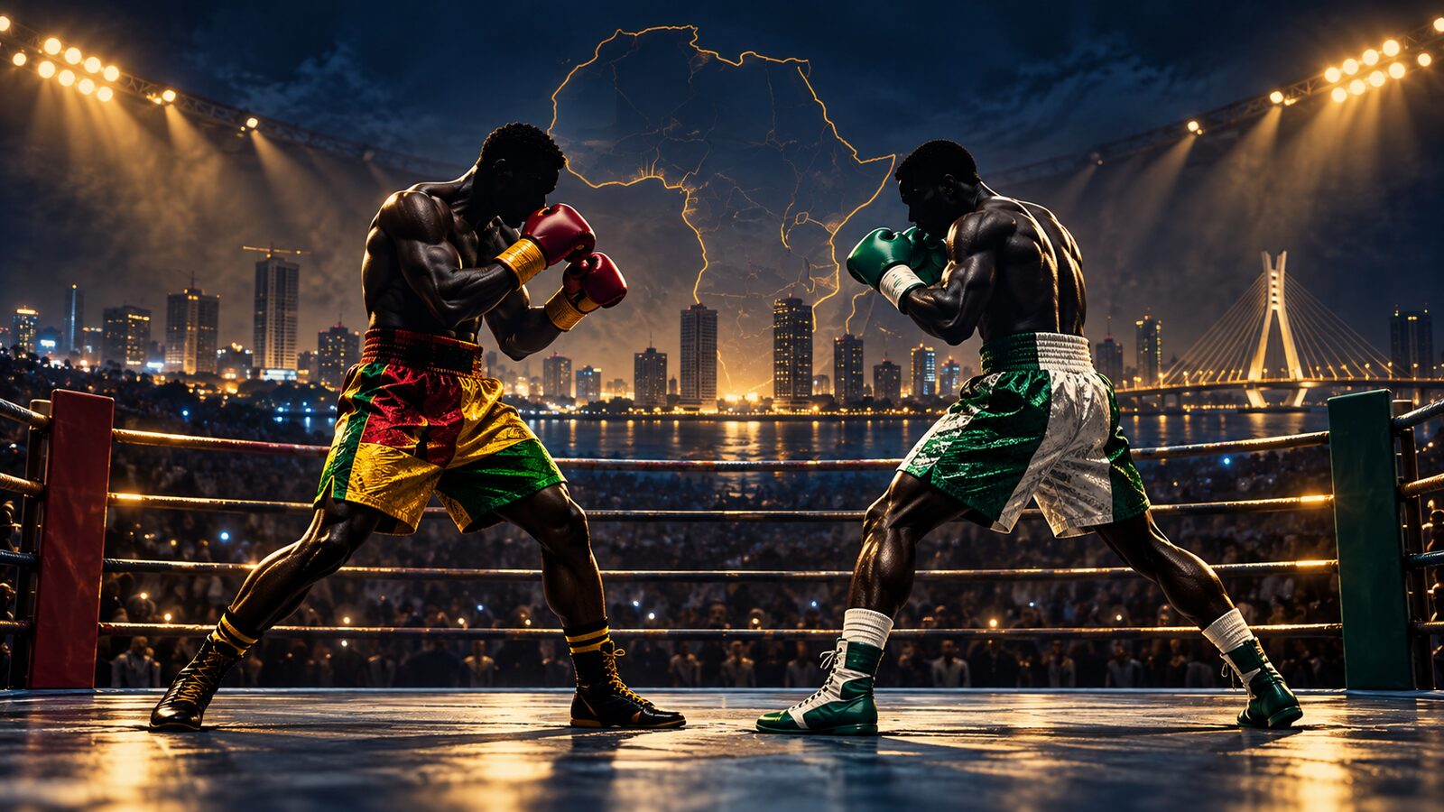 Editorial illustration of anonymous Ghana- and Nigeria-themed boxers facing off in a Lagos ring beneath an outline of Africa