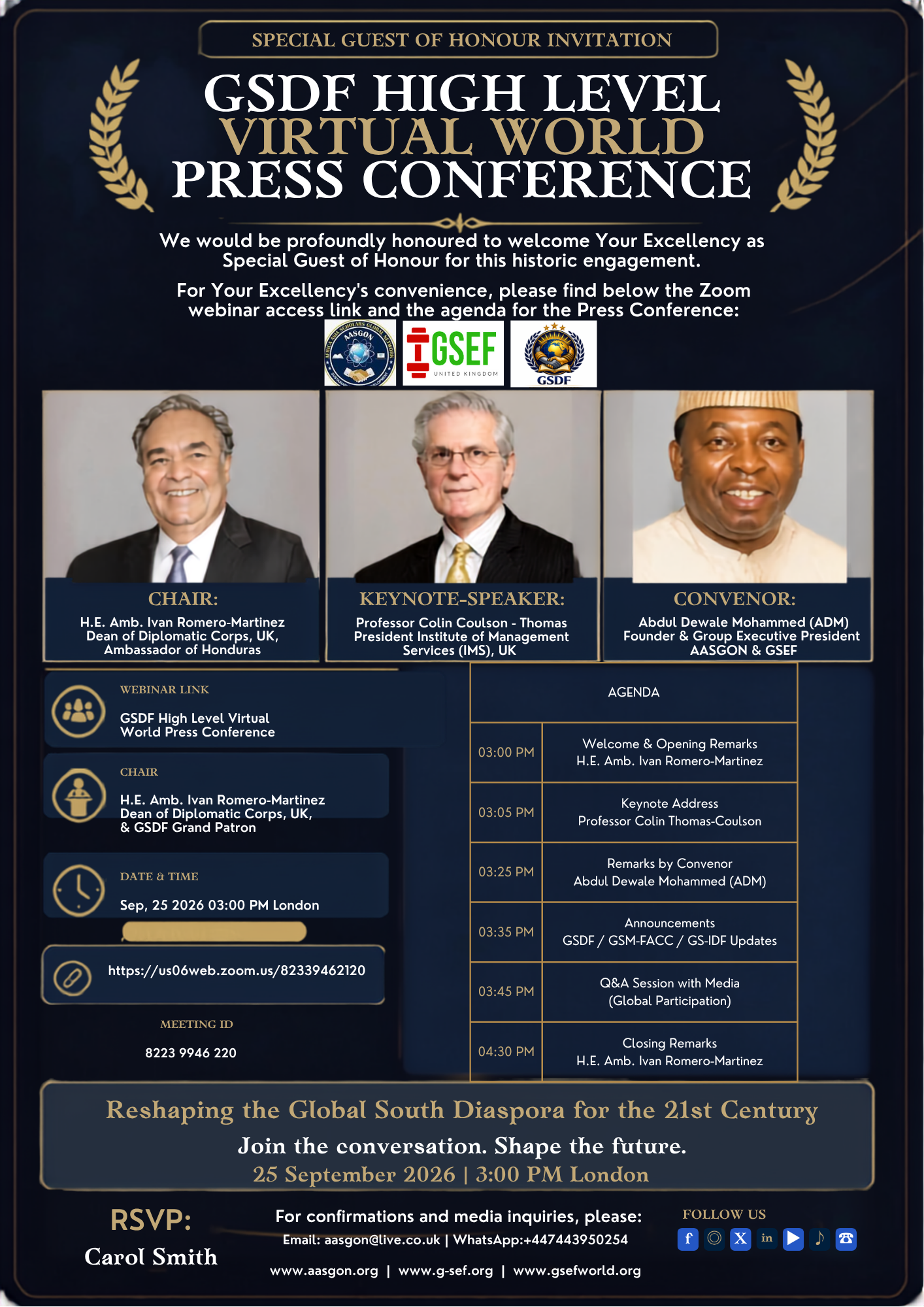 Official GSDF invitation and programme with portraits labelled Ivan Romero-Martinez, Colin Thomas-Coulson and Abdul Dewale Mohammed.
