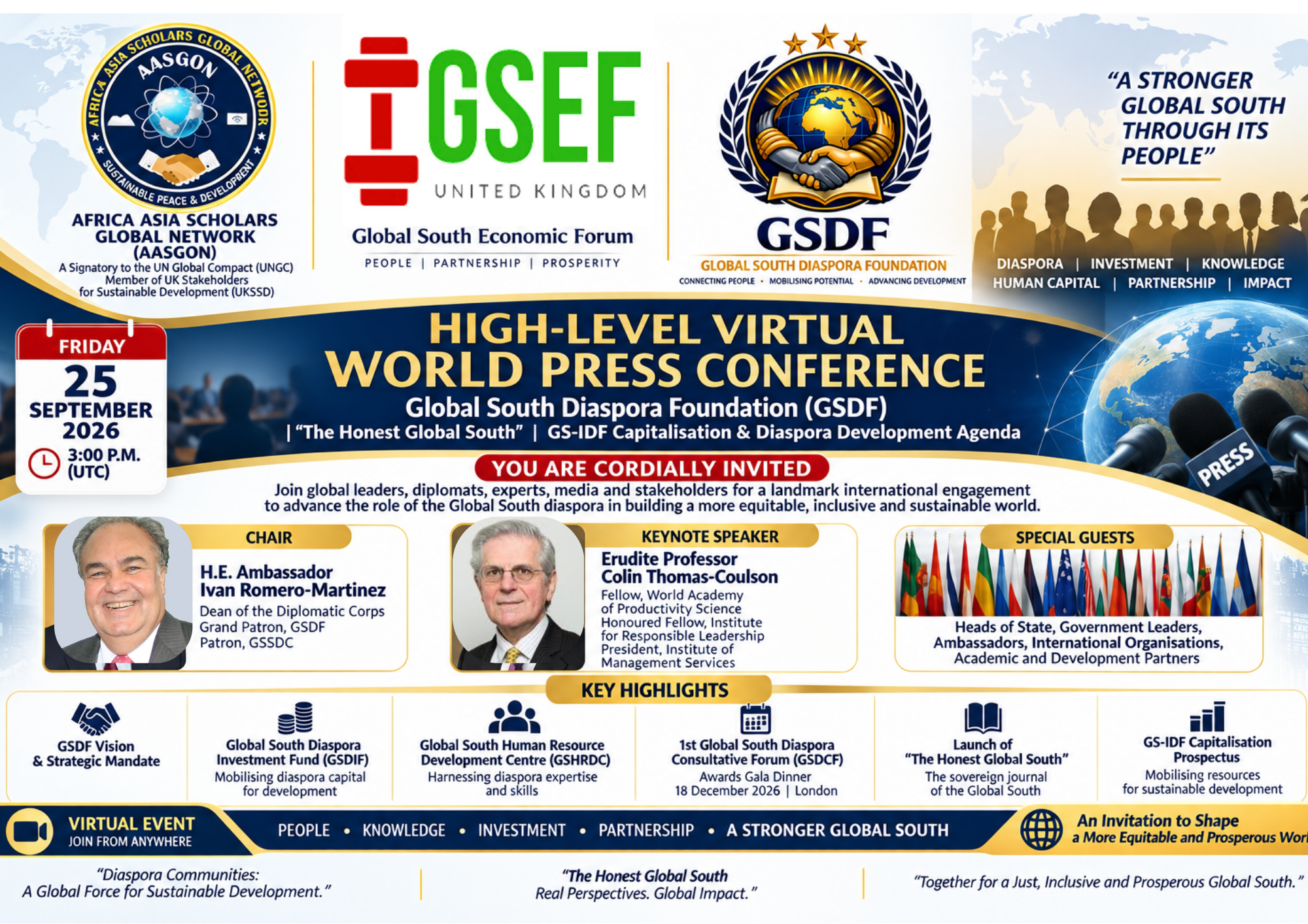 Official Global South Diaspora Foundation press-conference announcement with GSDF, AASGON and GSEF logos.